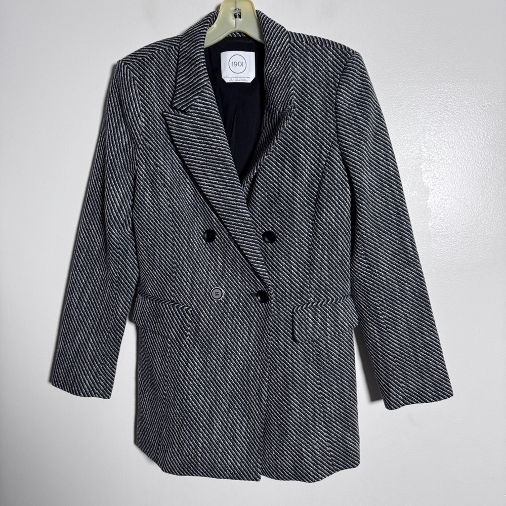 1901 Blazer Women 10P Black White Diagonal Stripe Double Breasted Jacket